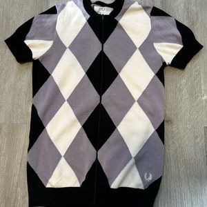 Fred Perry black,purple,white argyle women’s SM full zipper, short sleeve